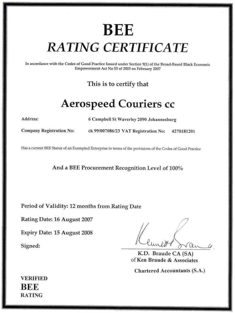 BEE Certificate Aerospeed Couriers